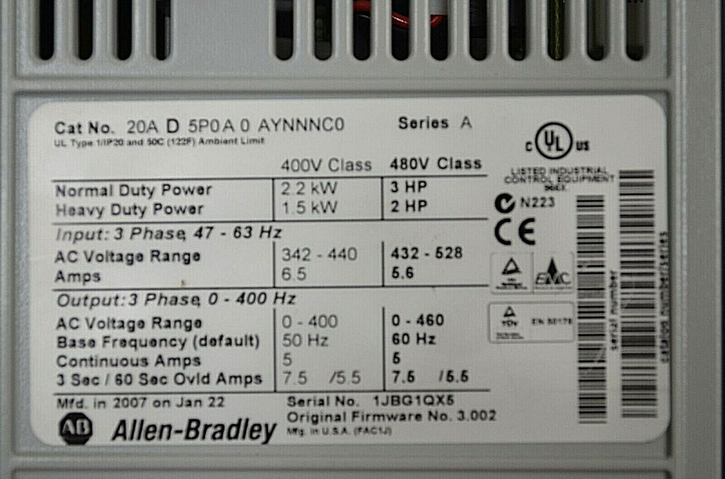 Allen-Bradley PowerFlex 70 3 HP 20AD5P0A0AYNNNC0 480VAC Tested Good