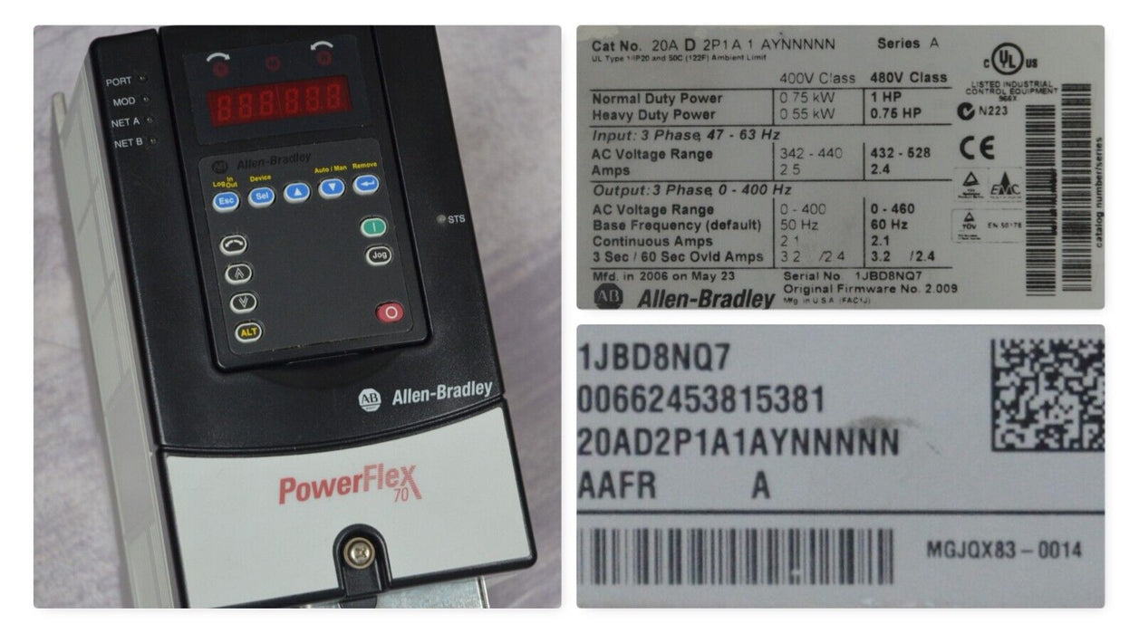 NEW Allen-Bradley PowerFlex70 1 HP 20AD2P1A1AYNNNNN  Series A 480 VAC with HMI