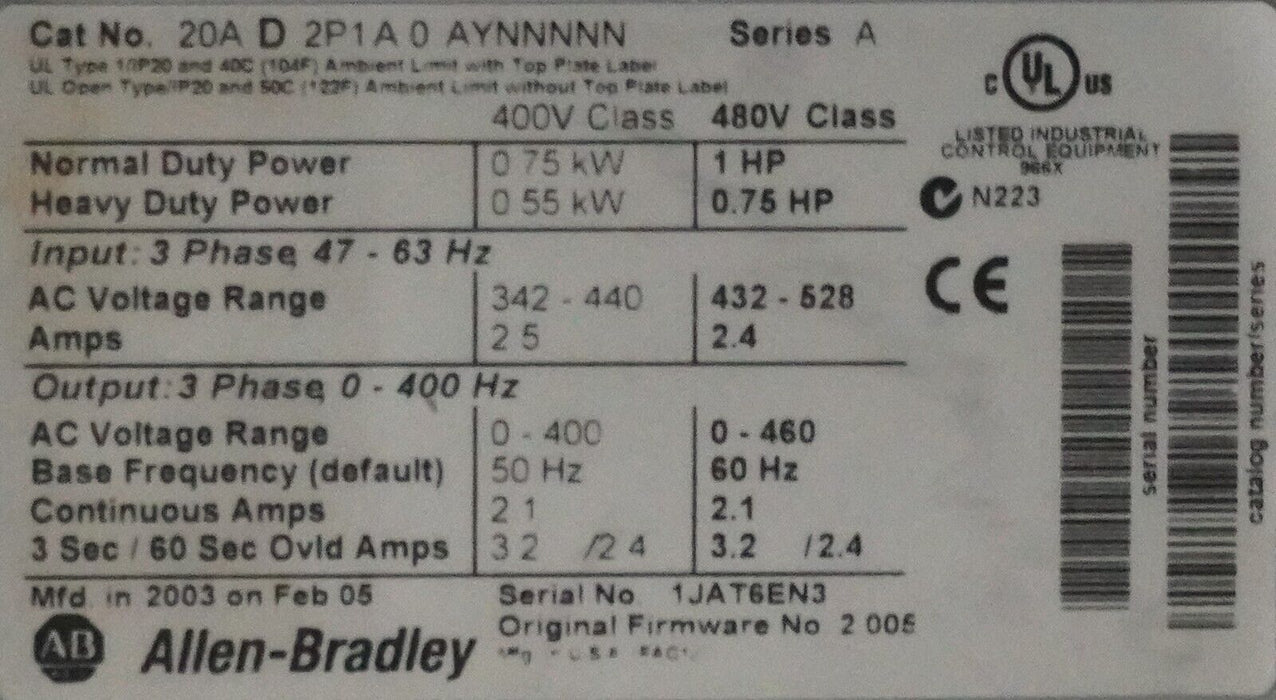 Allen Bradley PowerFlex 70 1 HP 20AD2P1A0AYNNNNN 480 VAC FRN 2.005 Tested Clean