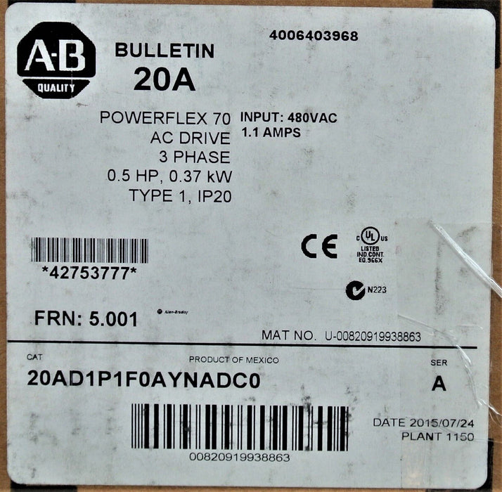 New 2015 Allen-Bradley PowerFlex 70 1/2 HP 20AD1P1F0AYNADC0 480 VAC W/ 20-Comm-D