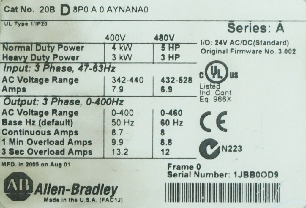 Allen-Bradley PowerFlex 700 5HP 20BD8P0A0AYNANA0 480 VAC Tested Core Only