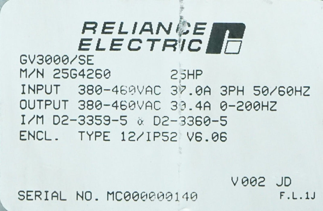 Reliance Electric GV3000 25 HP 25G4260 AC Drive Inverter Tested Good FRN:6.06