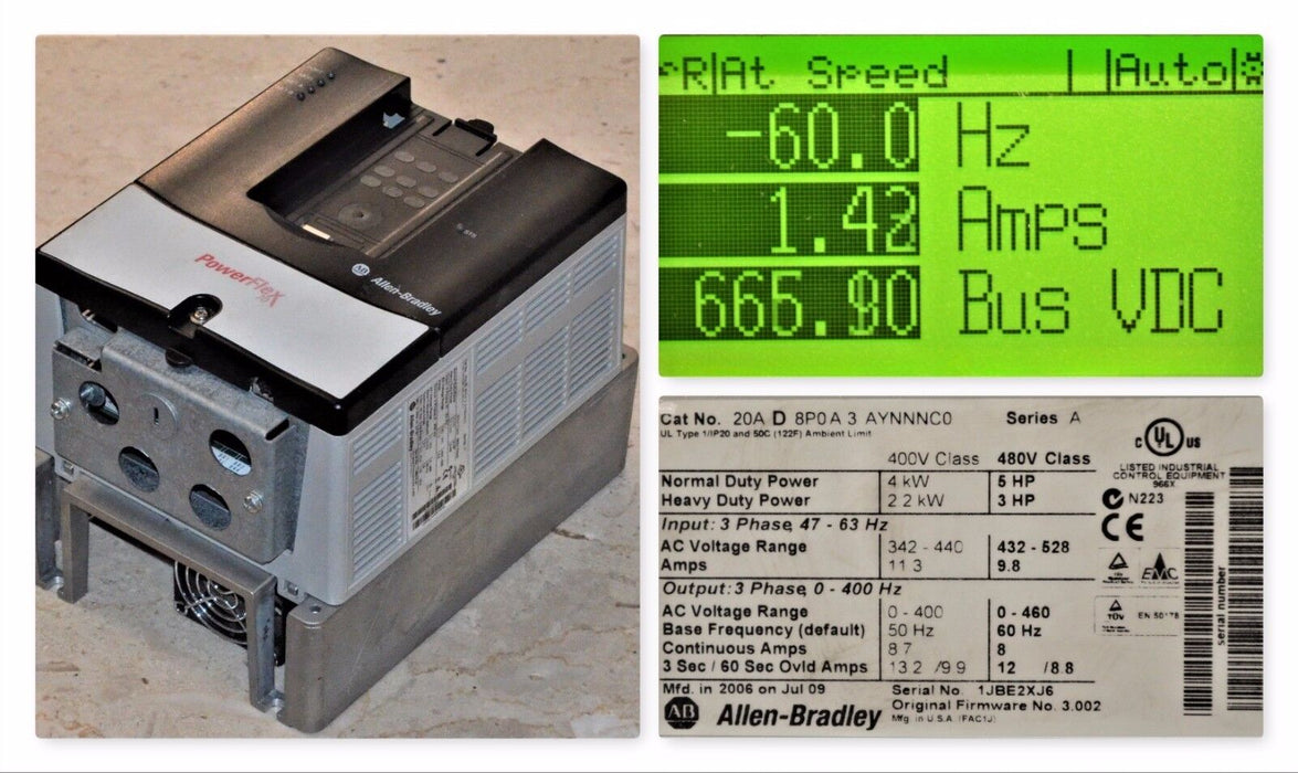 Allen-Bradley PowerFlex 70 5 HP 20AD8P0A3AYNNNC0 480 VAC Clean Tested Good