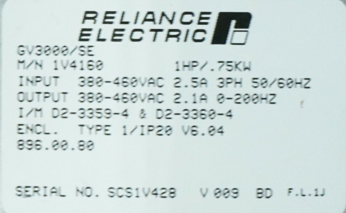 Reliance Electric GV3000/SE Vector 1Hp 1V4160 VER. 6.04 AC Inverter Tested Good