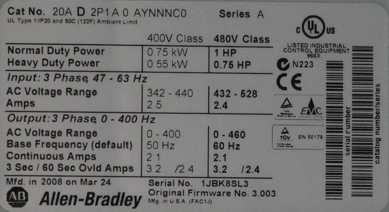 Allen-Bradley PowerFlex 70 1 HP 20AD2P1A0AYNNNC0 480 VAC FRN 3.003 Tested Good