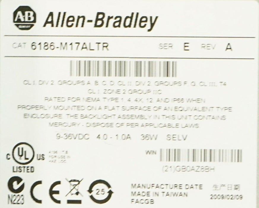 Allen-Bradley 6186-M17ALTR VersaView 1700M Touch Monitor 17" 12/24VDC    (A)