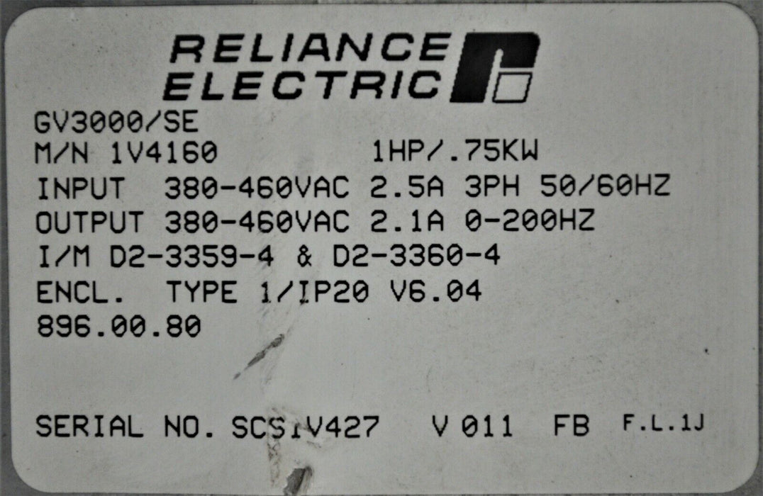 Reliance Electric GV3000/SE Vector 1 Hp 1V4160 Ver. 6.04 AC Inverter Tested Good