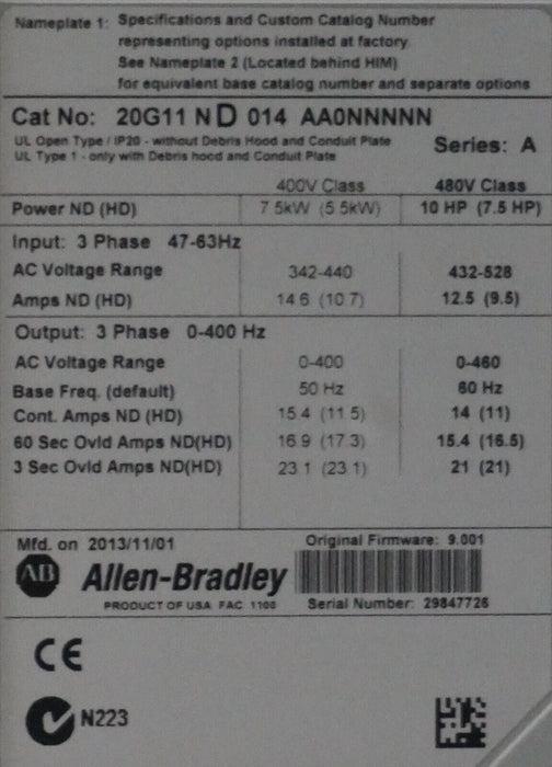 Allen-Bradley 20G11ND014AA0NNNNN PowerFlex 755 VFD 10HP SER A FRN:9.001