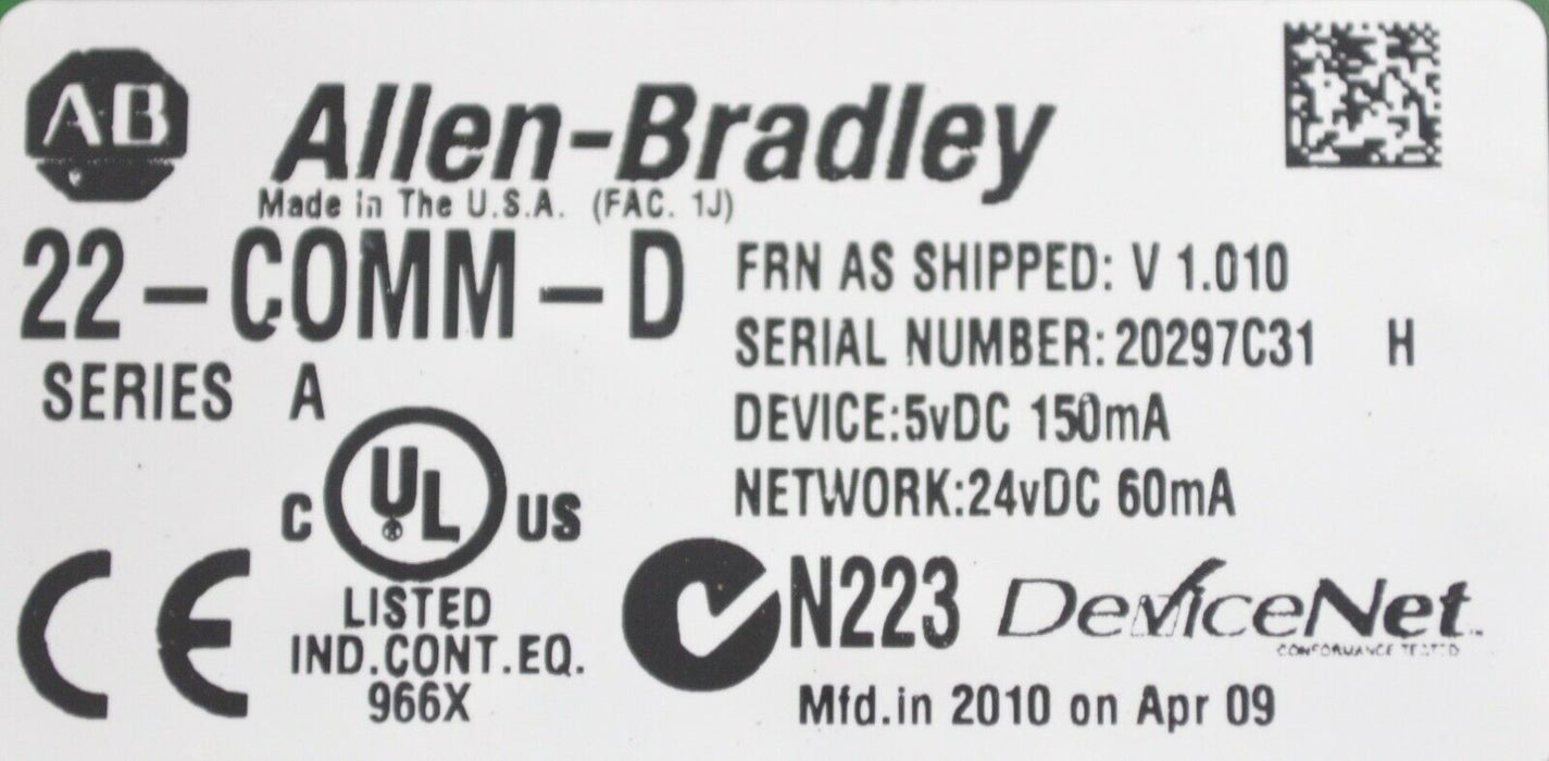 ALLEN-BRADLEY 22-COMM-D SERIES A FIRMWARE V1.010 POWERFLEX DEVICENET FRN/1.010