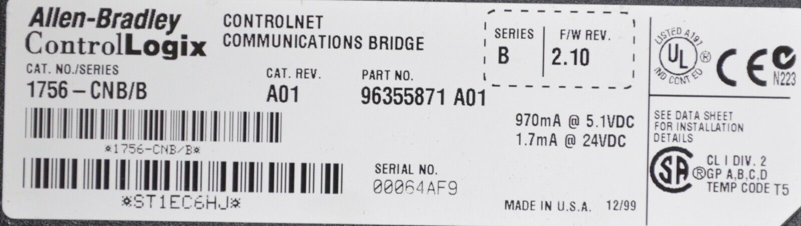 Allen-Bradley 1756-CNB B Firmware 2.10 ControlLogix ControlNet Bridge Module A01