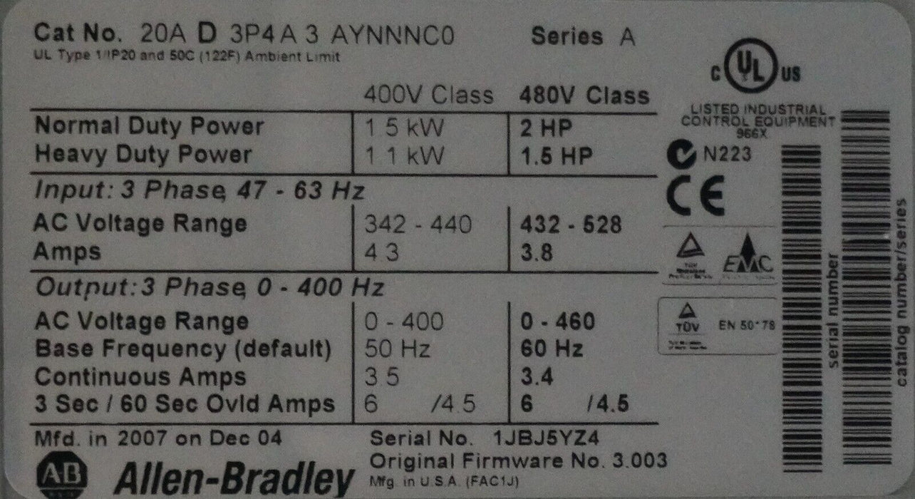 Low Hrs Allen-Bradley PowerFlex 70 2 HP 20AD3P4A3AYNNNC0 480VAC Tested FRN:3.003