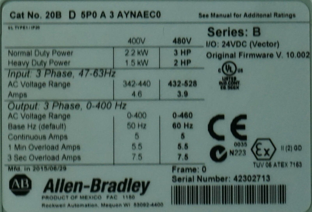 Low Hr Allen-Bradley PowerFlex 700 3 HP 20BD5P0A3AYNAEC0 480 VAC FRN:10.002