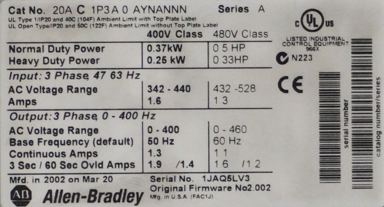 Allen Bradley Powerflex 70 1/2HP 20AC1P3A0AYNANNN Tested Good FRN:2.002