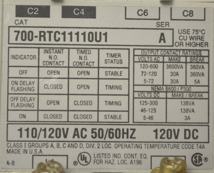 Allen Bradley 700-RTC11110U1 Timer Tested Good Series A Made in USA