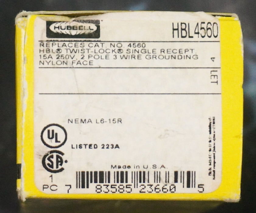 New HUBBELL HBL4560 Twist-Lock Single Recept 15A NEMA L6-15R