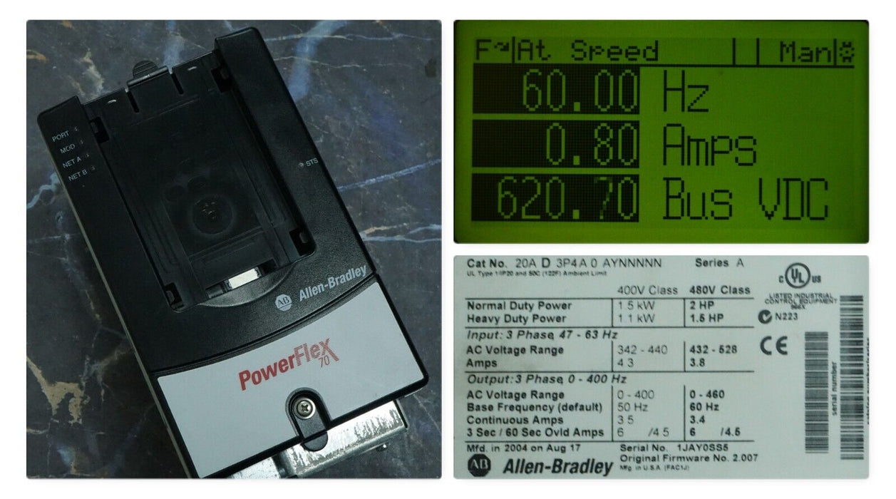 Low Hr Allen-Bradley PowerFlex 70 2HP 20AD3P4A0AYNNNNN 480VAC FRN:2.007