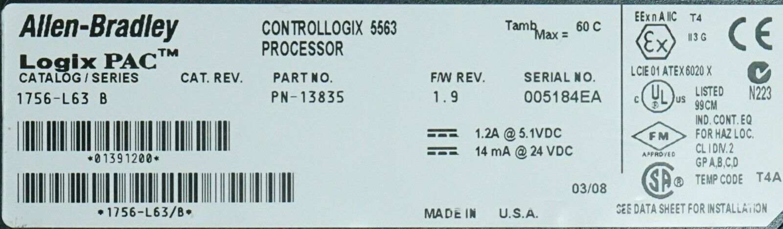 Allen Bradley 1756-L63/B ControlLogix Logix5563 8MB-Memry Tested FRN:20.13 03/08