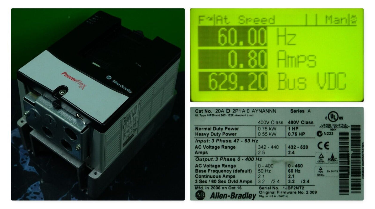 Allen-Bradley PowerFlex 70 1HP 20AD2P1A0AYNANNNN 480 VAC FRN:2.009 Tested