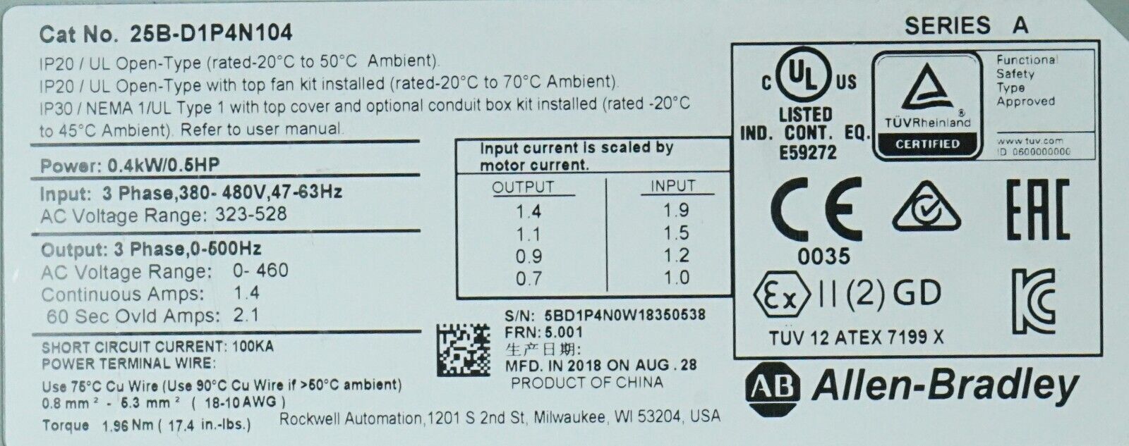 Zero Hr Allen Bradley 25B-D1P4N104 .5HP Powerflex 525 Series A FRN:6.001 Tested