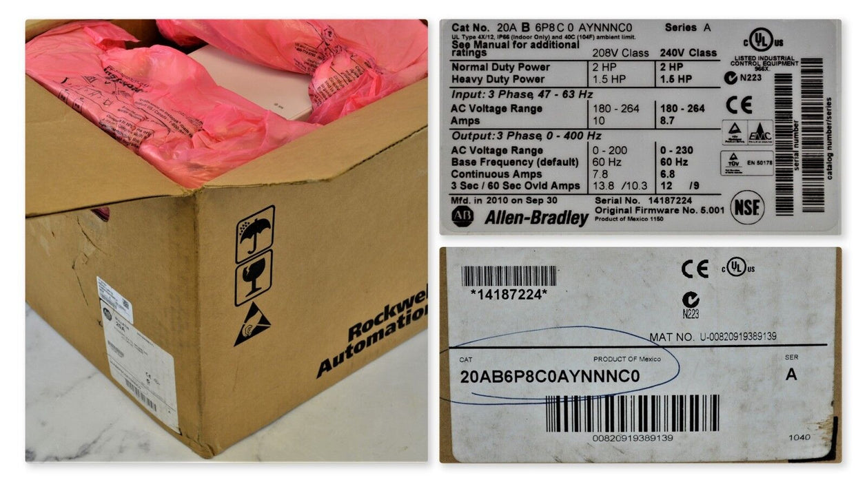 New In Box Allen-Bradley PowerFlex 70 2 HP 20AB6P8C0AYNNNC0  Mfd. 2010  240VAC