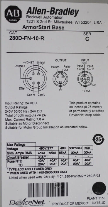 Allen Bradley 280D-F12Z-10C-GRW-3-P1 ArmorStart Base + Control Module Series C