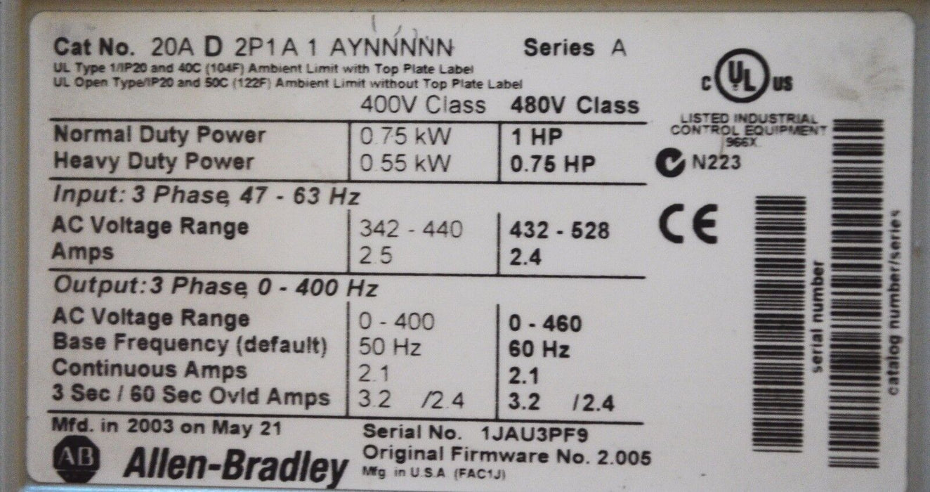 Allen-Bradley PowerFlex 70 1HP 20AD2P1A1AYNNNNN Series A 460 VAC Tested Good