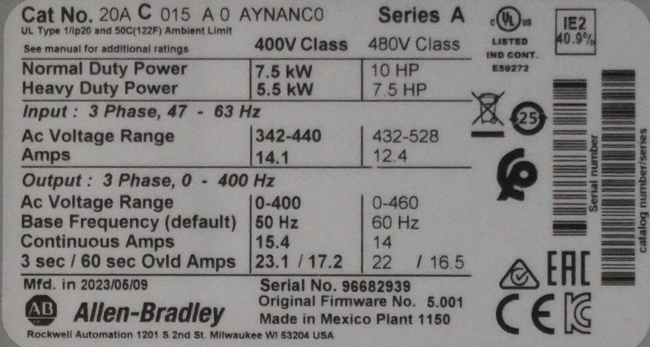 Low Hr Allen-Bradley Powerflex 70 20AC015A0AYNANC0 Series A 10HP FRN:5.001