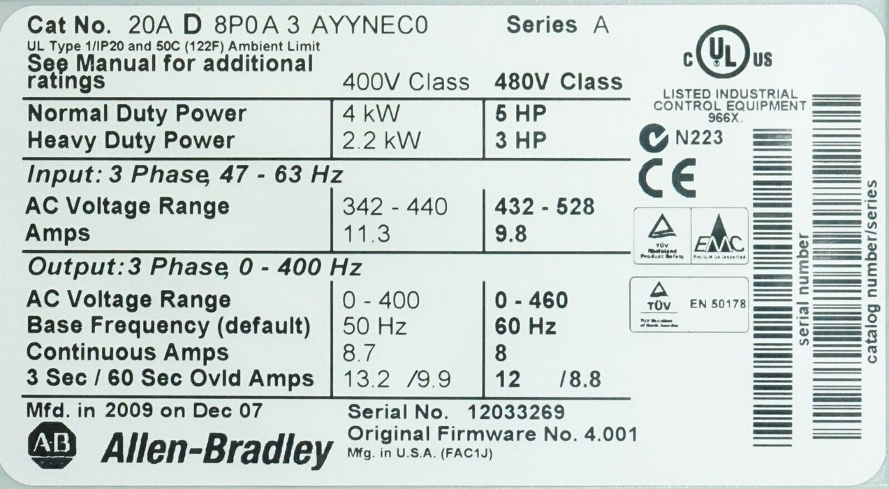 Low Hours Allen-Bradley PowerFlex 70 5 HP 20AD8P0A3AYYNEC0 480 VAC FRN:4.001