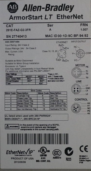 Parts Allen Bradley 291E-FAZ-G1-3FR ArmorStart LT EtherNet Series A