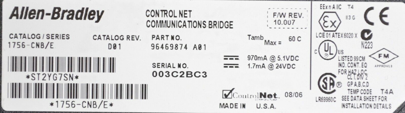 Allen-Bradley 1756-CNB E Firmware 10.007 ControlLogix ControlNet Bridge Module