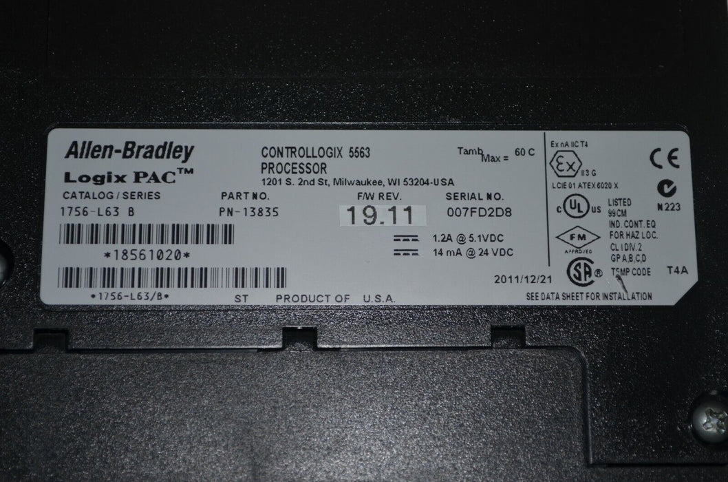 Allen Bradley 1756-L63/B ControlLogix Logix5563 8MB Memory Tested Good FRN.19.11