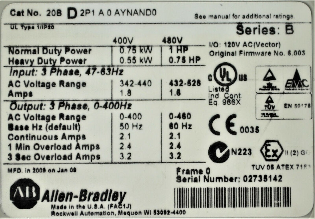 Allen-Bradley PowerFlex 700  1 HP 20BD2P1A0AYNAND0 CORE ONLY Clean Tested Good