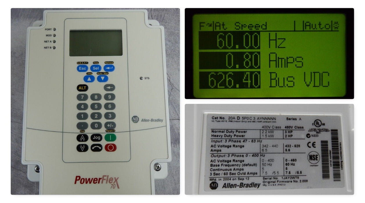 LOW HOURS Allen-Bradley 20AD5P0C3AYNNNNN PowerFlex 70 3 HP Tested Good FRN:2.008