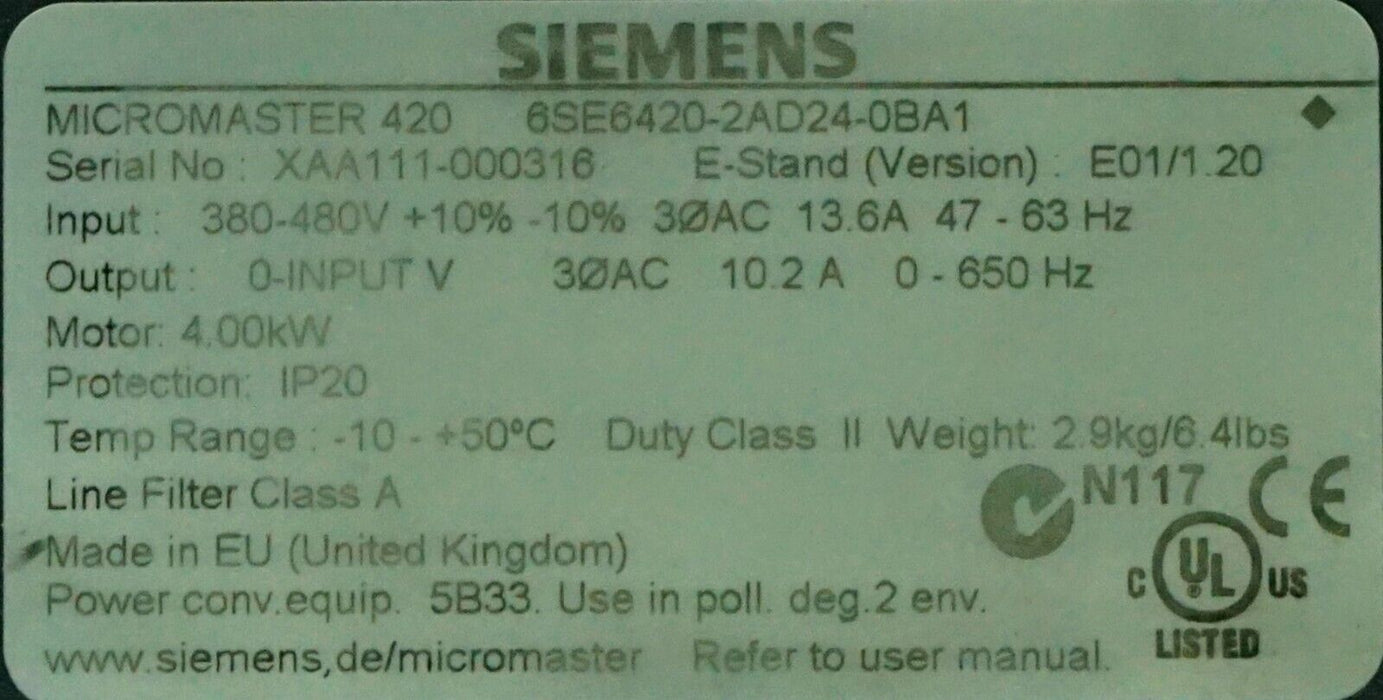 Siemens Micromaster 420 6SE6420-2AD24-0BA1 10.2A