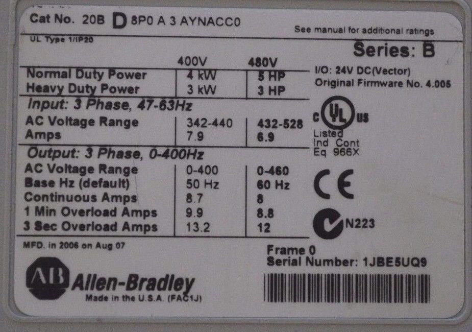 Allen-Bradley PowerFlex 700 5HP 20BD8P0A3AYNACC0 480VAC Tested Quantity