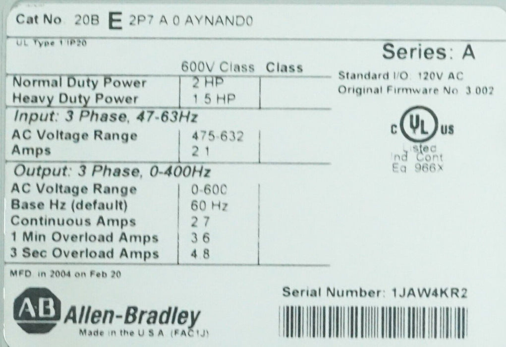 Allen-Bradley PowerFlex 700 2 HP 20BE2P7A0AYNAND0 Power Supply Tested FRN 3.002