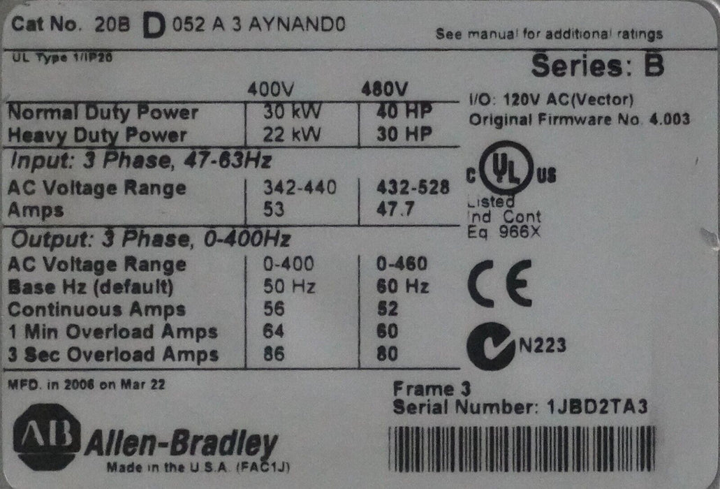 Allen Bradley PowerFlex 700 50HP 20BD065A3AYNAND0 Series B FRN:4.003 Tested Good