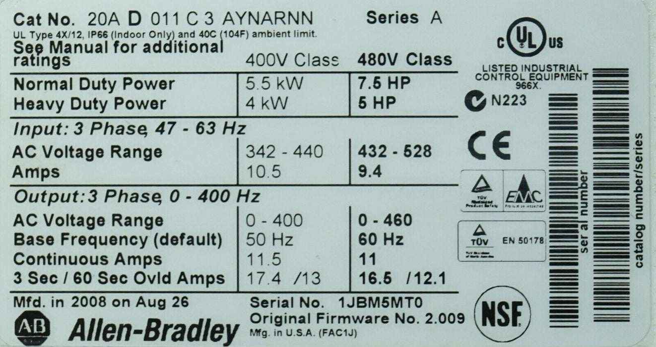 New Allen-Bradley PowerFlex 70 20AD011C3AYNARNN 480VAC 7.5 HP FRN:2.009