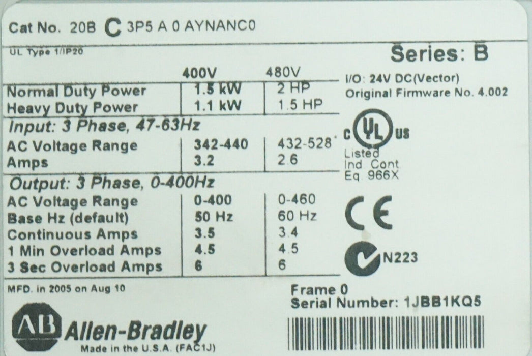 Low Hours Allen Bradley PowerFlex 700 2HP 20BC3P5A0AYNANC0 400VAC FRN:4.002