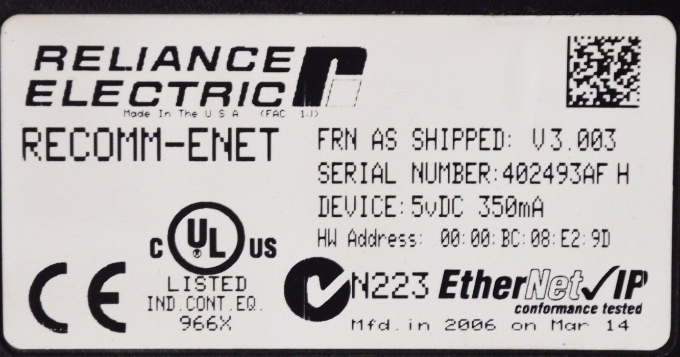 Reliance Electric RECOMM-ENET Ethernet/IP Communications Module Tested FRN:3.002