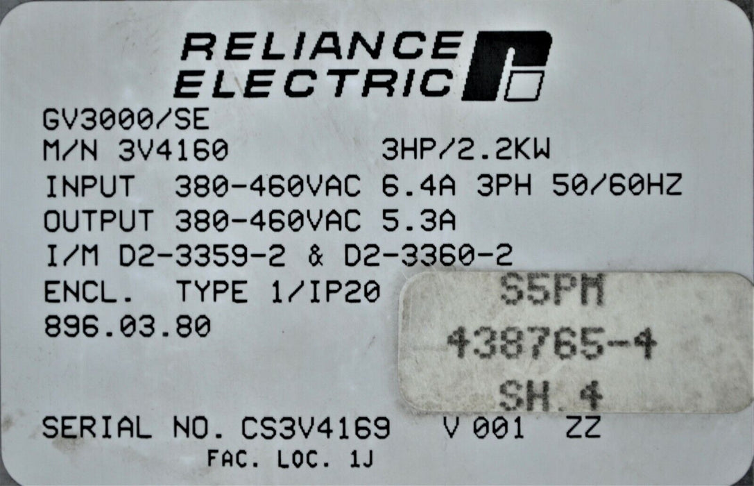 RELIANCE ELECTRIC GV3000/SE 3 HP 3V4160 VER 6.01 INVERTER TESTED GOOD NO COVER