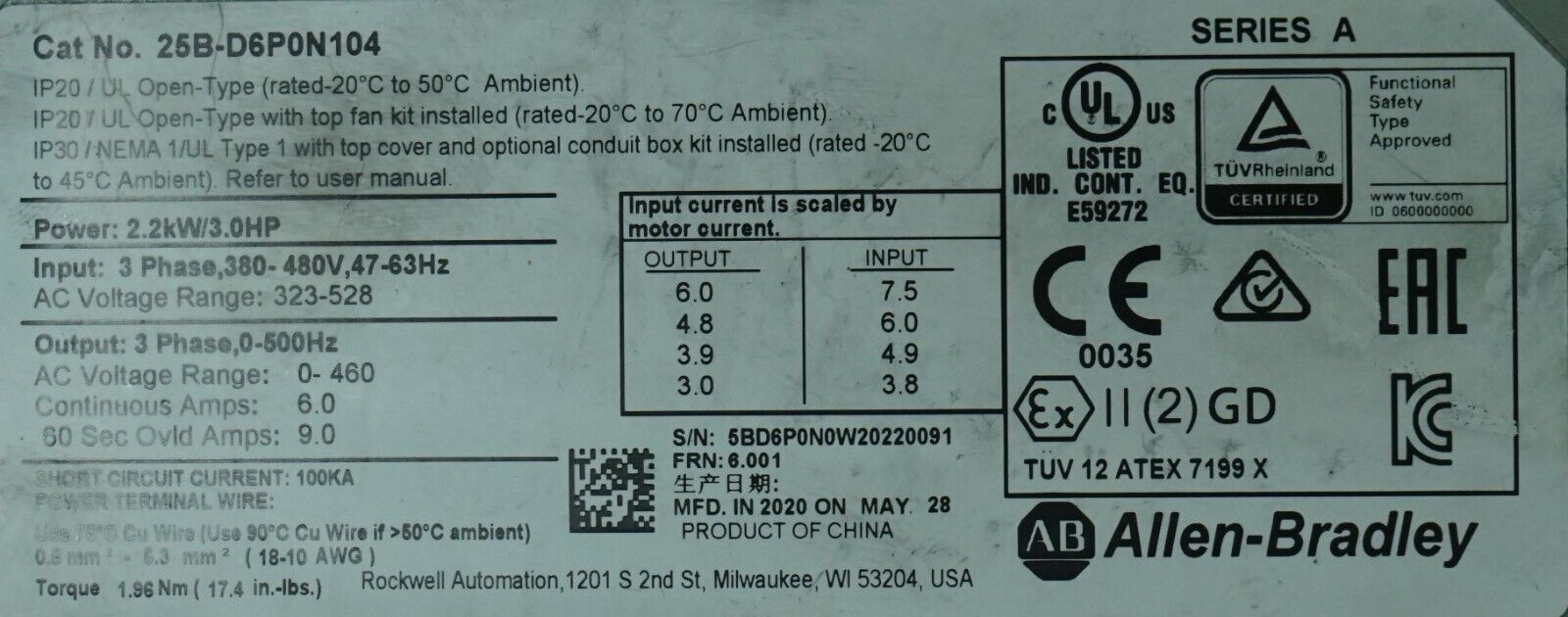 Low Hr 2020 Allen Bradley 25B-D6P0N104 3HP Powerflex 525 Series A FRN:6.001