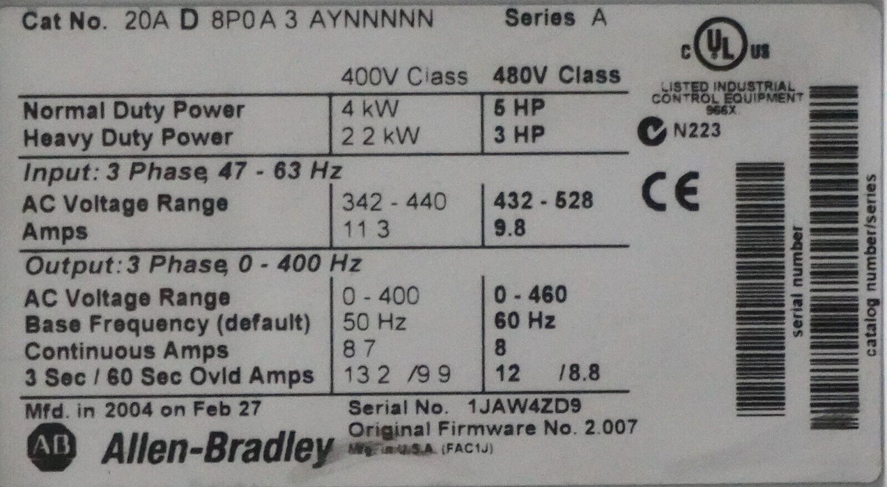 Allen-Bradley Powerflex 70 5 HP 20AD8P0A3AYNNNNN Series A FRN:2.007