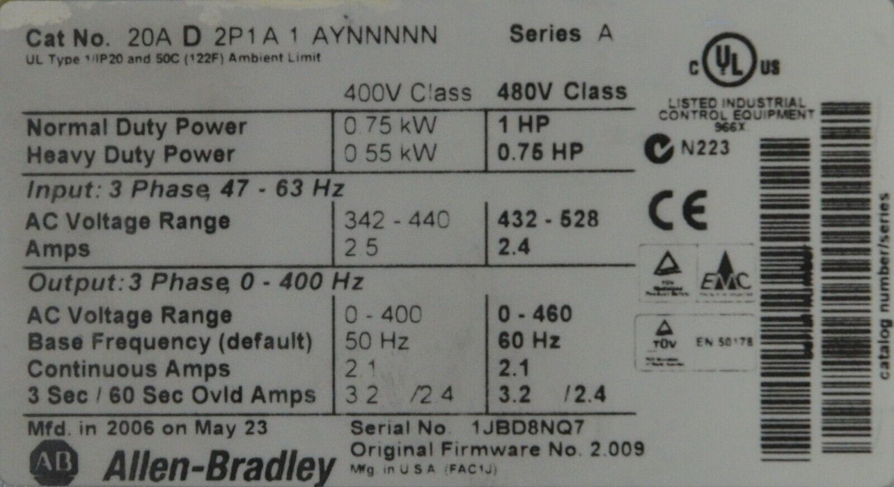 NEW Allen-Bradley PowerFlex70 1 HP 20AD2P1A1AYNNNNN  Series A 480 VAC with HMI