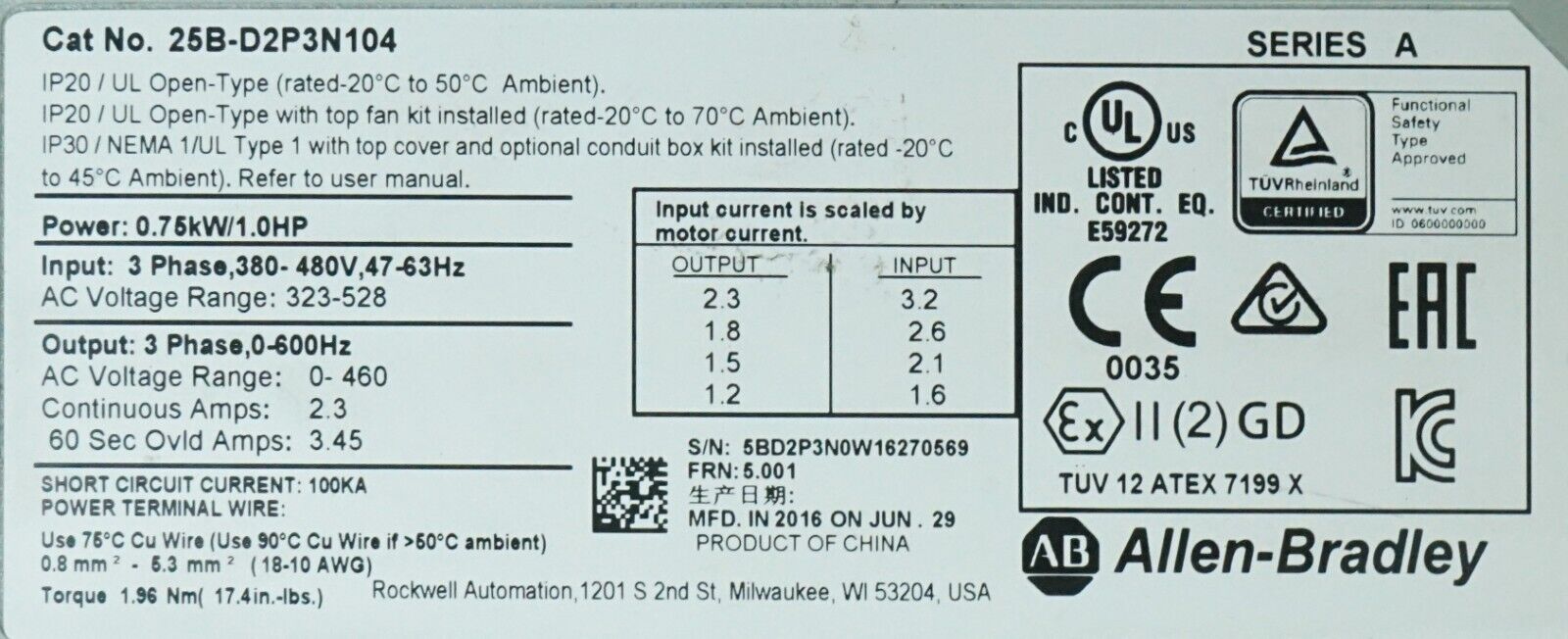 Low Hour Allen Bradley 25B-D2P3N104 1HP Powerflex 525 Series A FRN:5.001 Tested