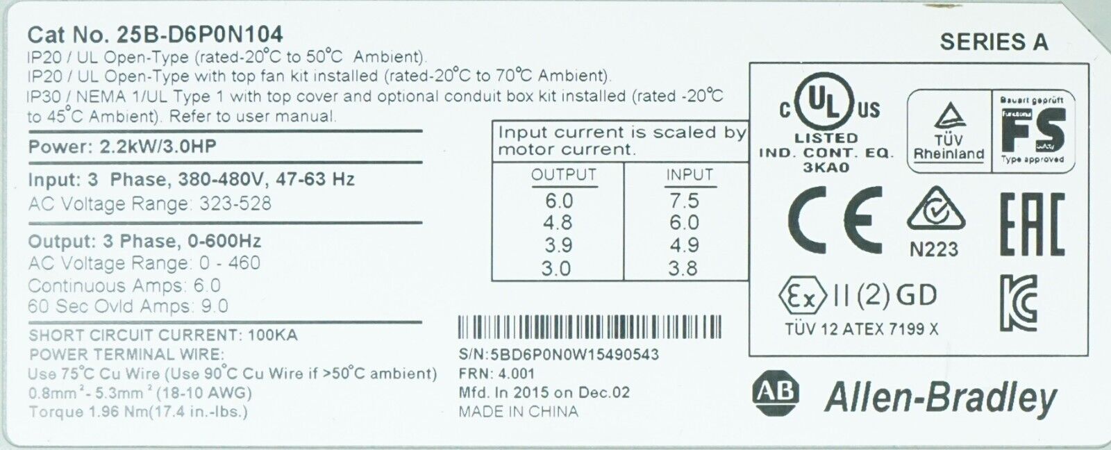 Allen-Bradley 25B-D6P0N104 3HP Powerflex 525 Series A FRN:4.001 Tested Good