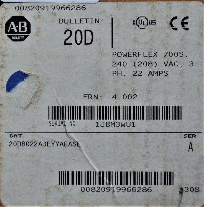 New Allen-Bradley 20DB022A3EYYAEASE  Powerflex 700S Series A FRN: 4.002