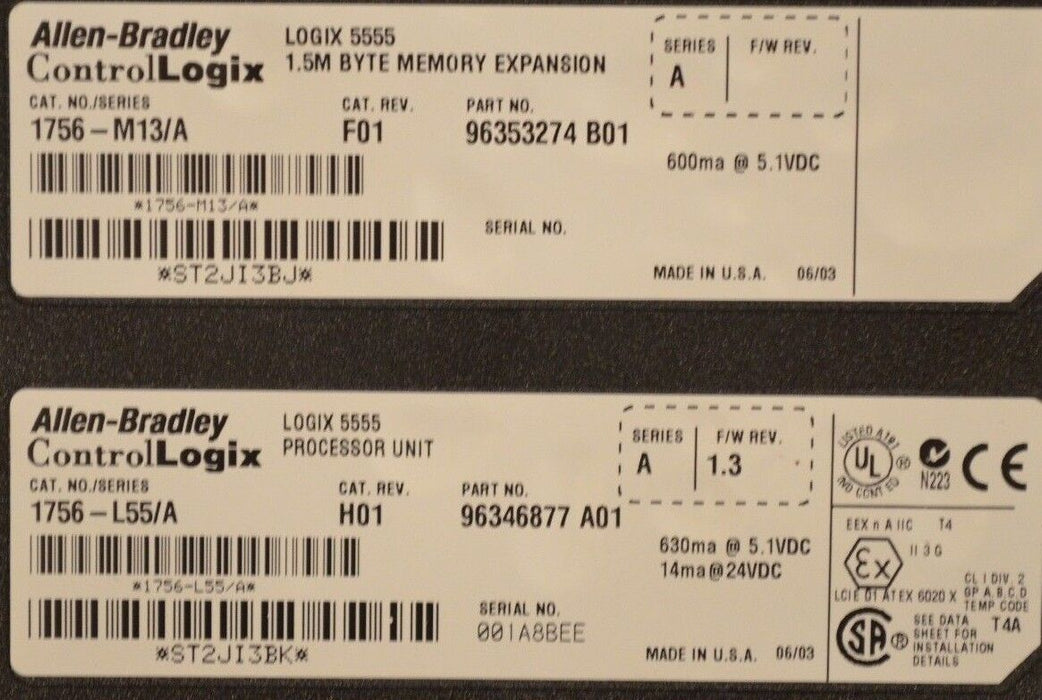 Allen-Bradley 1756-L55/A Rev H01 Processor /1756-M13/A F01 - 1.5 Mb Memory