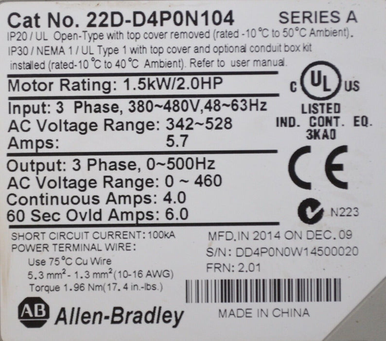 2014 22D-D4P0N104 Allen Bradley PowerFlex 40P Drive 2 HP Series A Tested Good