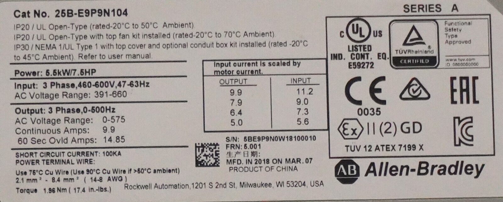 Zero Hr Allen-Bradley 25B-E9P9N104 PowerFlex 525 7.5HP AC Drive Tested Good